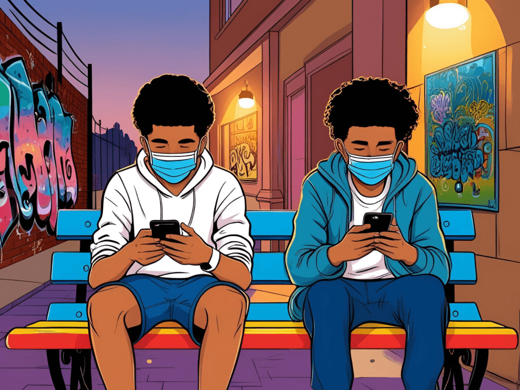 Illustration de deux jeunes portant un masque sanitaire assis sur un banc et regardant leurs téléphones